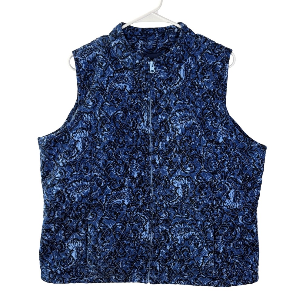 Basic Editions Blue Paisley Quilted Corduroy Vest Zip Front Mock Neck XXL Womens
